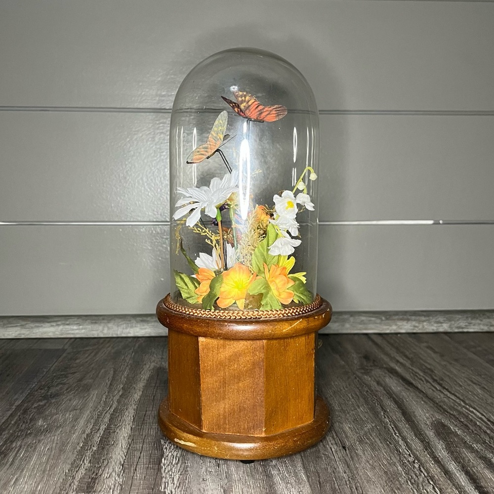 Glass Encased Butterfly and Flower Wooden Music Box